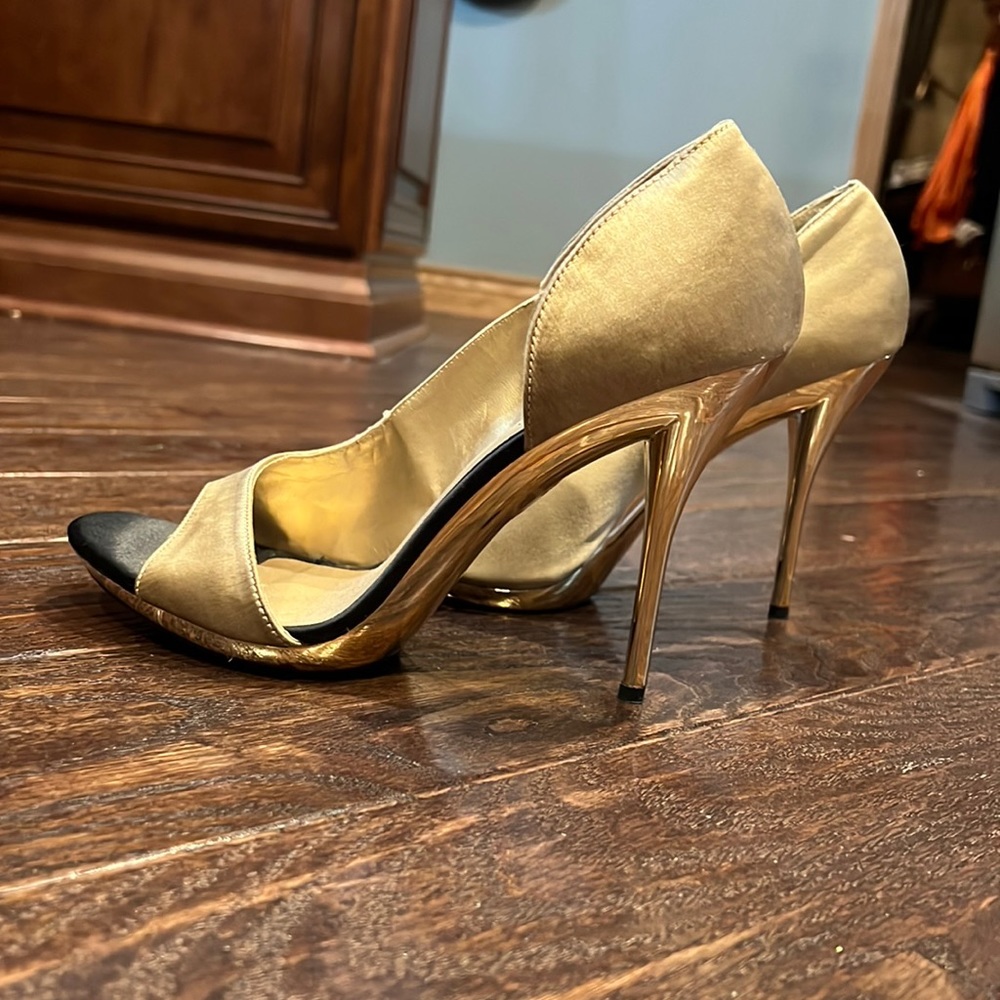 C. Label gold heels. Worn for wedding. Great condition